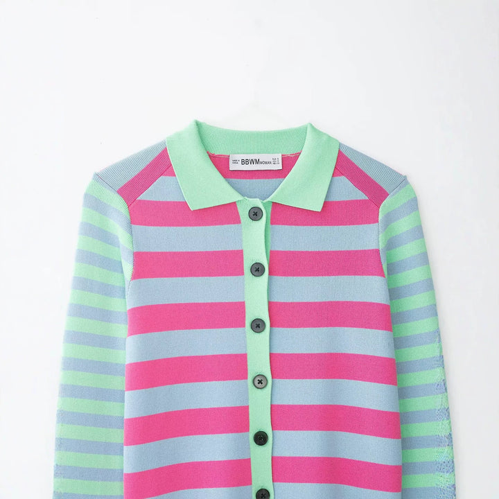Women Striped Short Jacket-Cardigan with Polo Collar and Button Placket Mune Fashion
