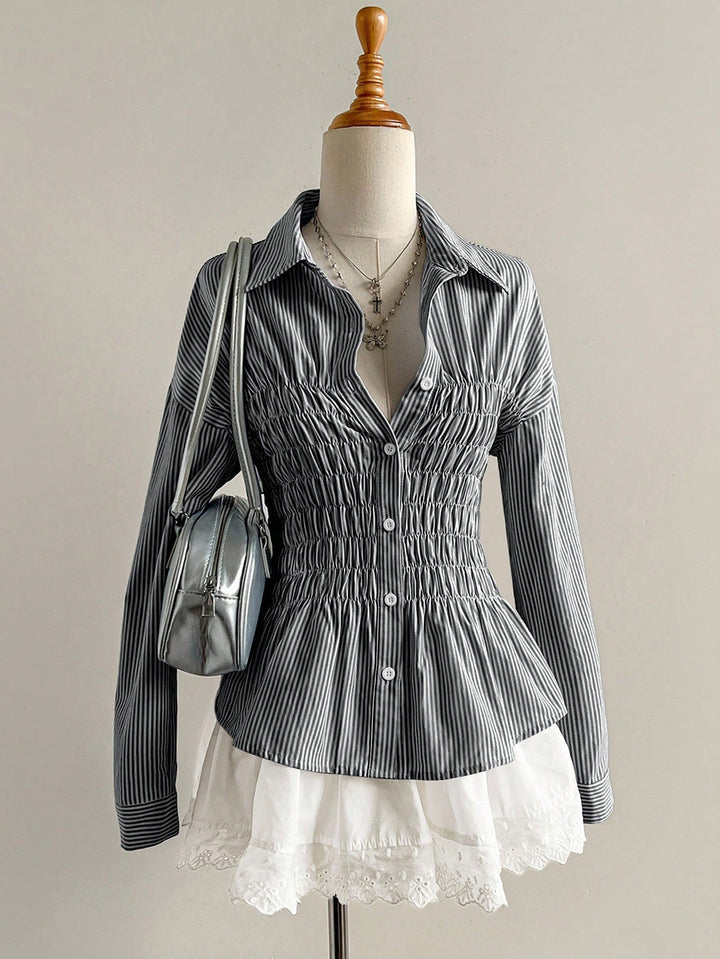 Women's tailored shirt blouse with gathered bust area and peplum Mune Fashion