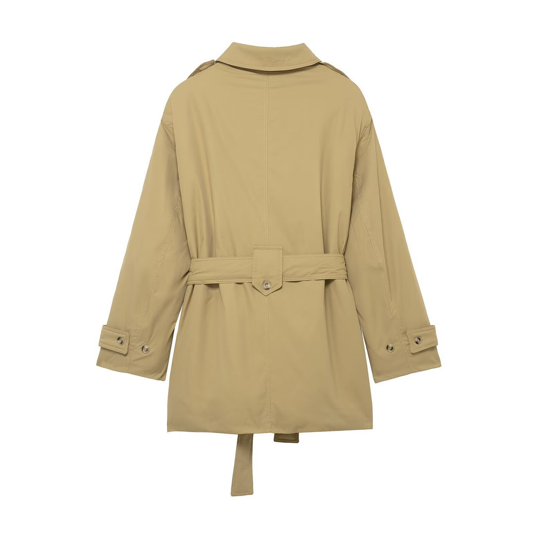 Women's Short Trench Coat with Waist Belt and Epaulettes Drune