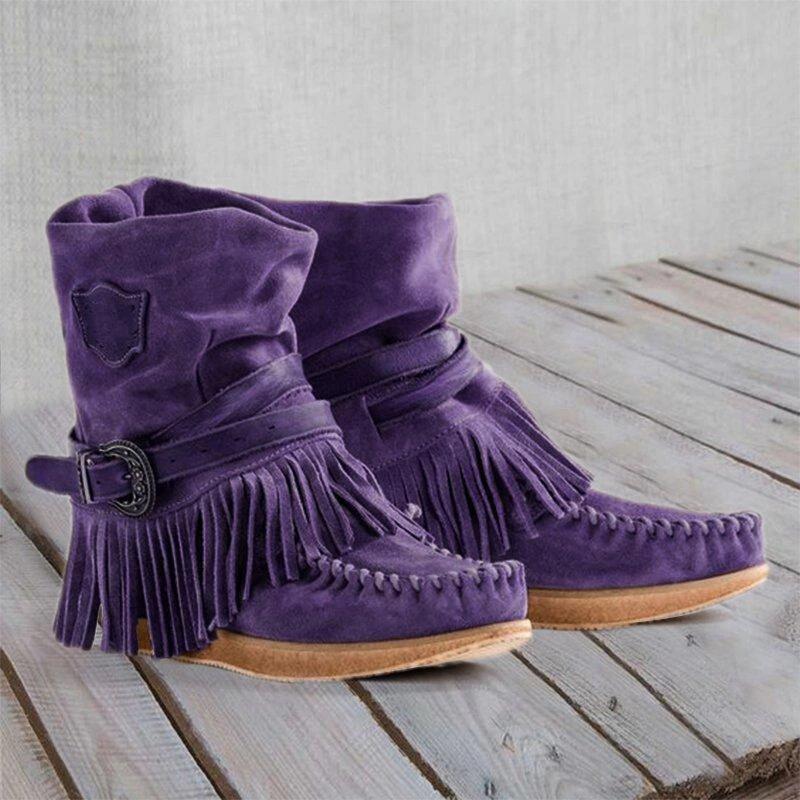 Women's moccasin ankle boots with fringes, decorative buckle and hand-stitched moccasin seam Mune Fashion