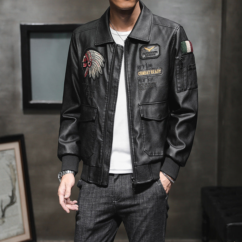 Men's bomber jacket in pilot look made of faux leather with applied patches and multifunctional pockets Mune Fashion