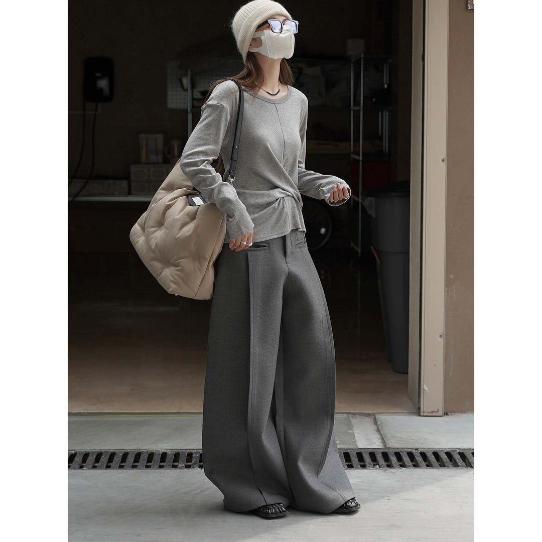 Women High-Waisted Flowing Tailoring Palazzo Pants with Draped Front Panel Mune Fashion