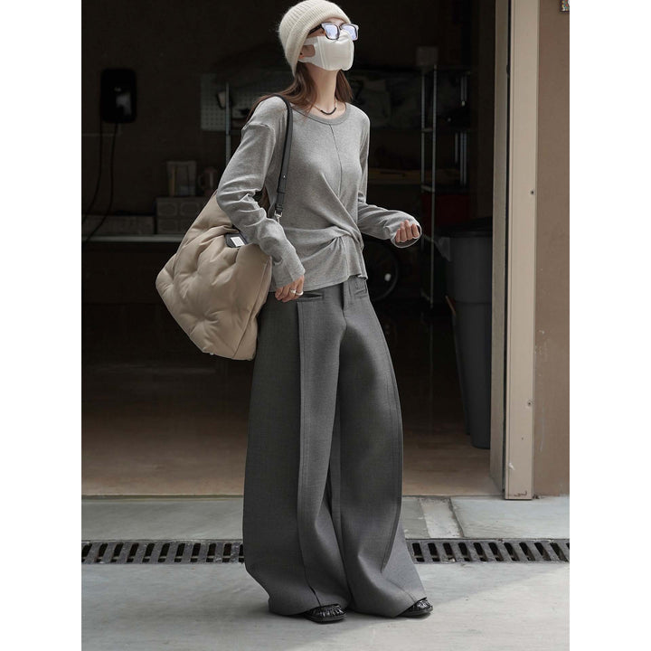 Women High-Waisted Flowing Tailoring Palazzo Pants with Draped Front Panel Mune Fashion