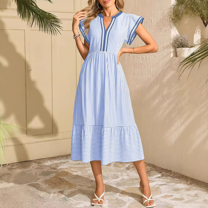 Women’s Maritime Midi Dress with Vertical Stripes, V-Neck and Ruffle Tier Mune Fashion