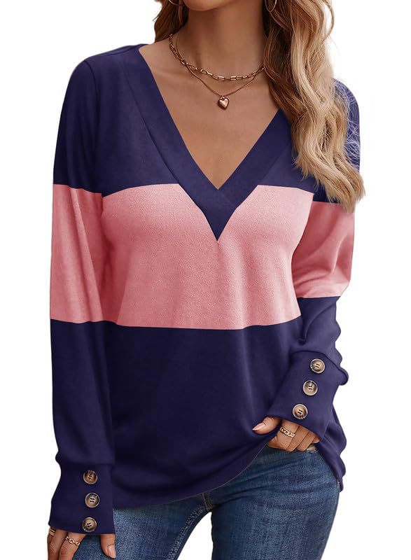 Women Colorblock V-Neck Fine Knit Sweater with Decorative Cufflinks Mune Fashion