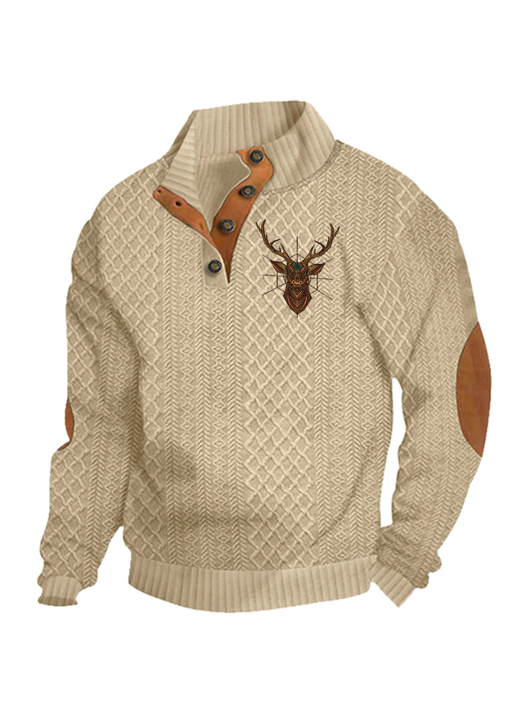 Men's nan Heritage textured pullover with stand-up collar faux leather trim elbow patches and half-button placket Mune Fashion