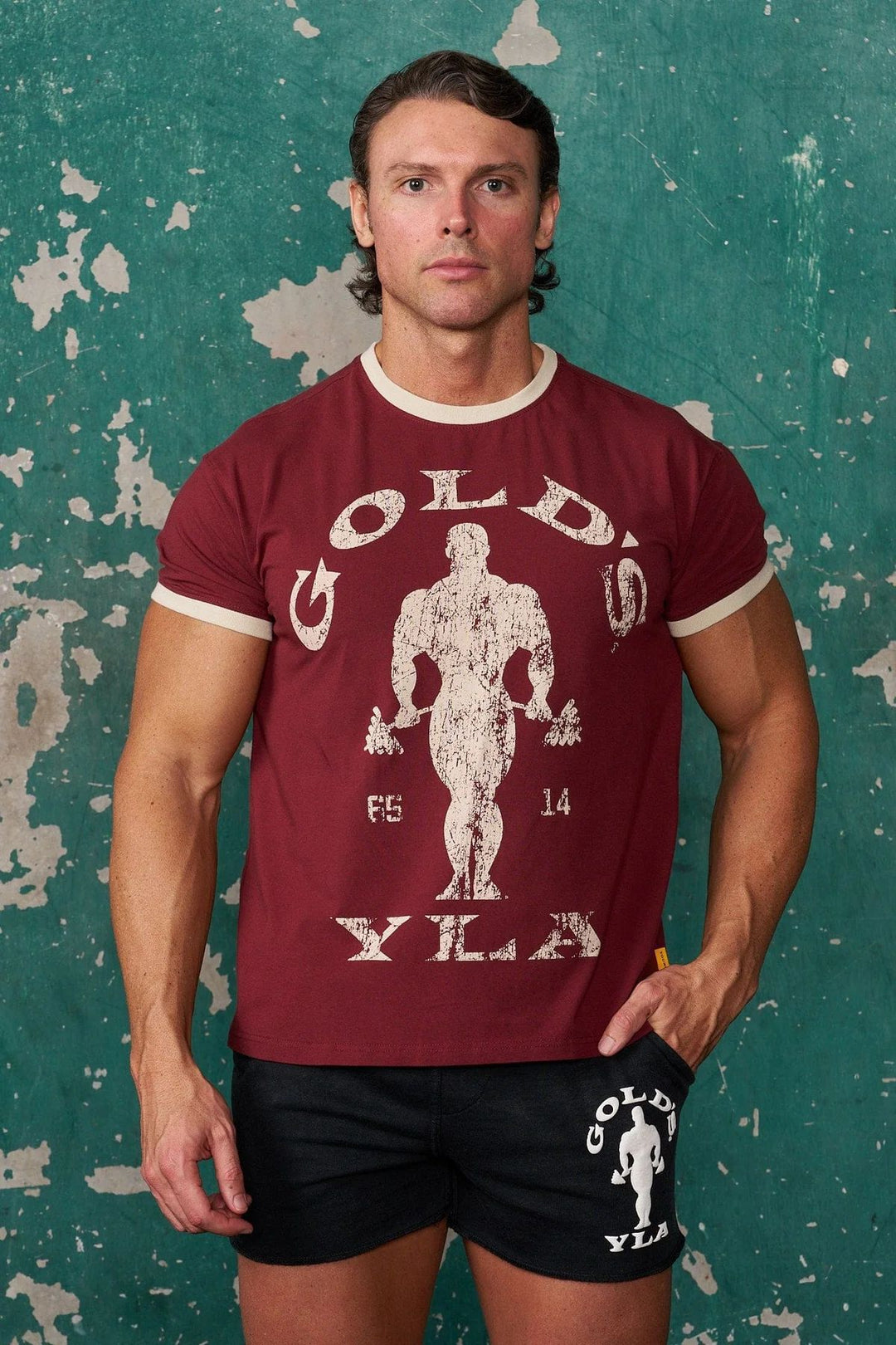Men's Vintage Training Shirt with Crew Neck Contrast Cuffs and Retro Bodybuilding Print Mune Fashion