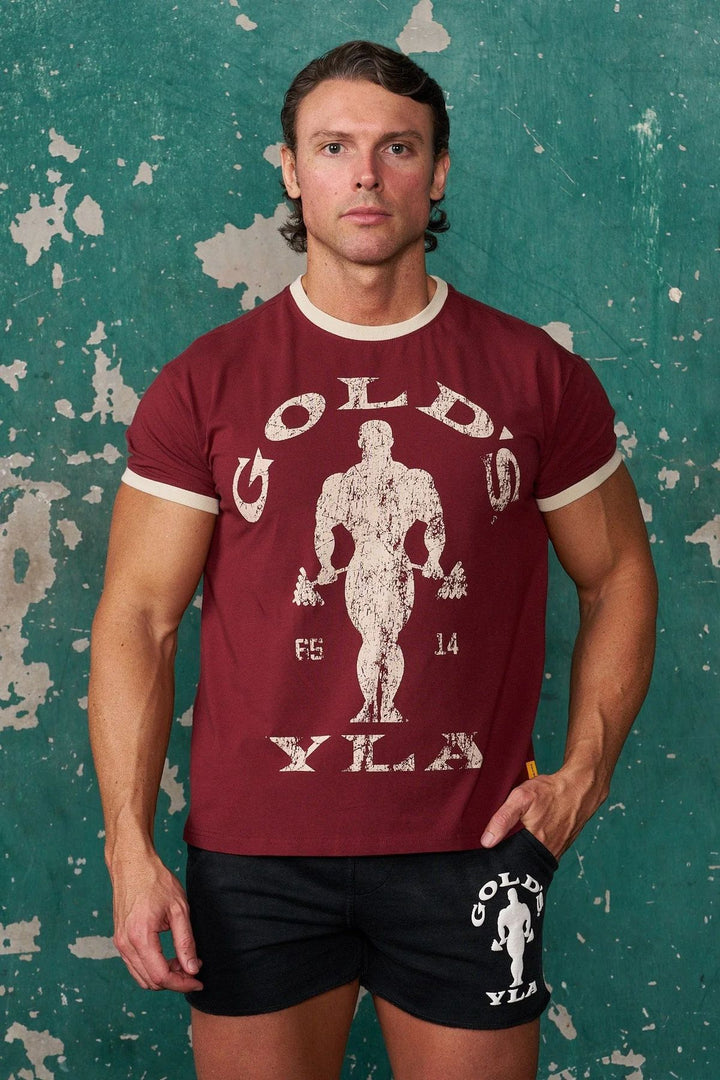 Men's Vintage Training Shirt with Crew Neck Contrast Cuffs and Retro Bodybuilding Print Mune Fashion