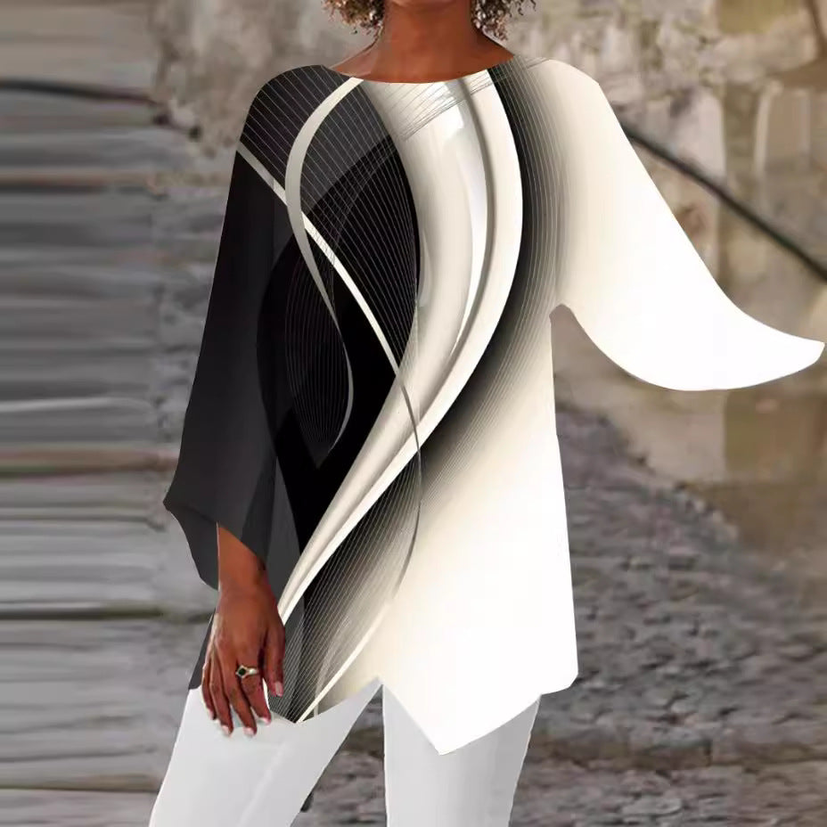 Women Asymmetrical Long Shirt with Graphic Print and Bat Sleeves Mune Fashion