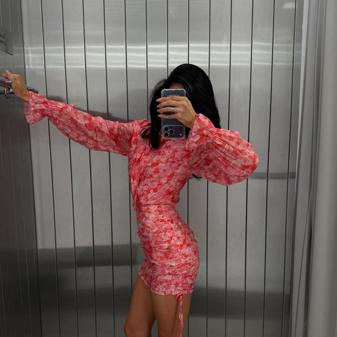 Women Floral Chiffon Mini Dress with Bow Collar, Transparent Volume Sleeves and Side Gathering Mune Fashion