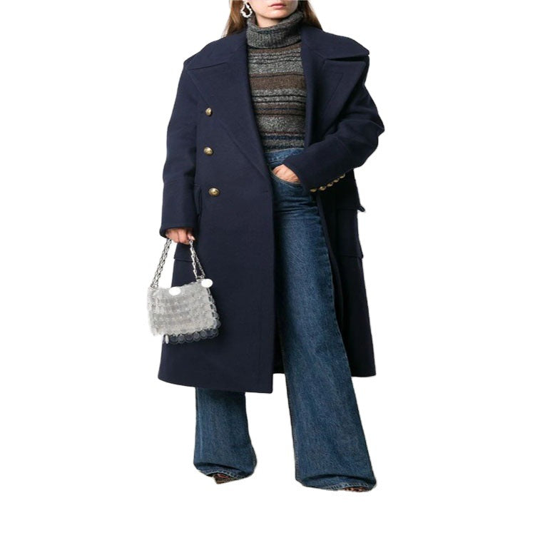 Women’s navy-inspired double-breasted long coat made of wool blend with oversized lapels Mune Fashion