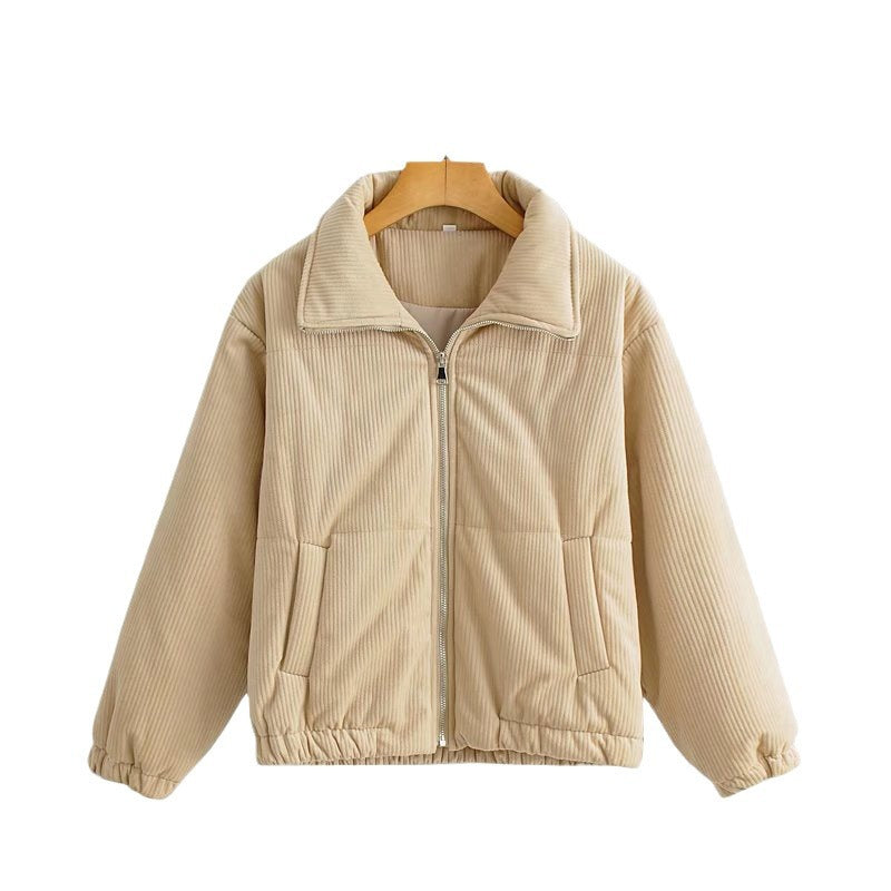 Women's Padded Cord Quilted Jacket with Stand-Up Collar and Elastic Hem Mune Fashion