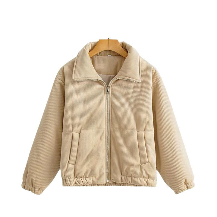 Women's Padded Cord Quilted Jacket with Stand-Up Collar and Elastic Hem Mune Fashion