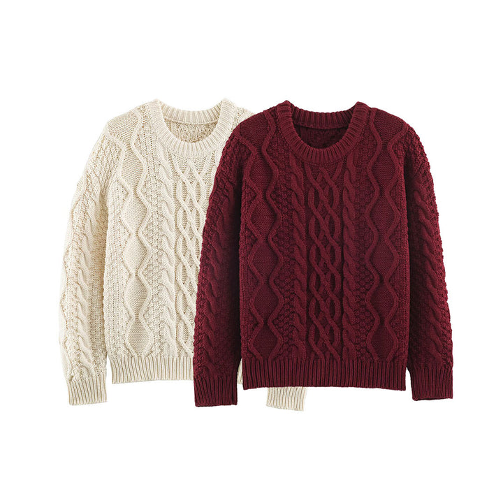 Women's chunky braided knit sweater with round neck and texture mix Mune Fashion