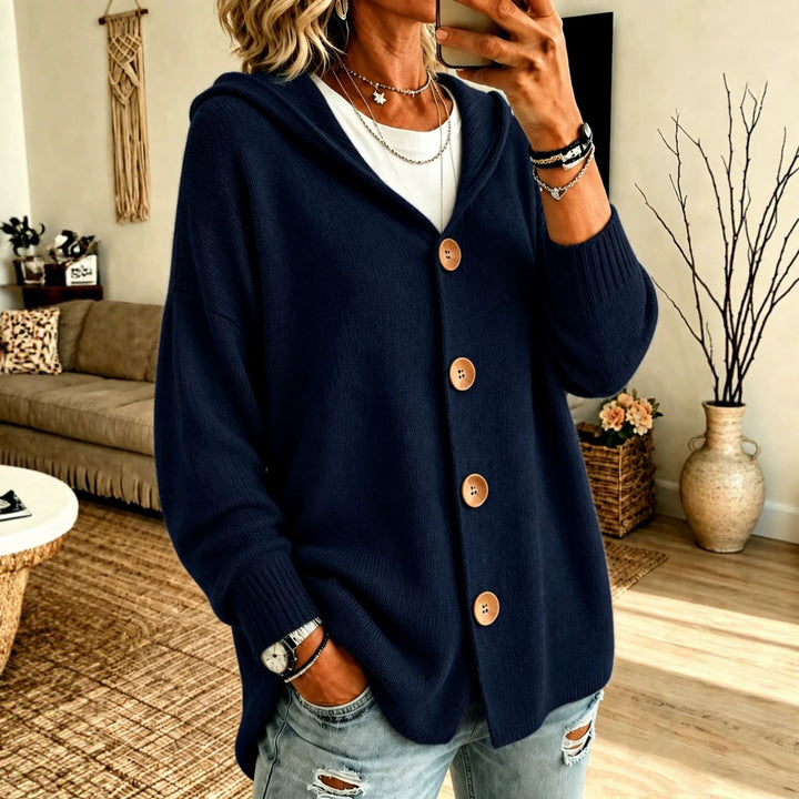 Women’s Oversize Hooded Cardigan with Wooden Buttons and Ribbed Cuffs Mune Fashion