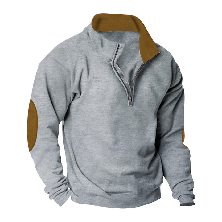 Men's Half-Zip Sweatshirt with Stand-Up Collar, Contrast Collar Lining and Elbow Patches Mune Fashion
