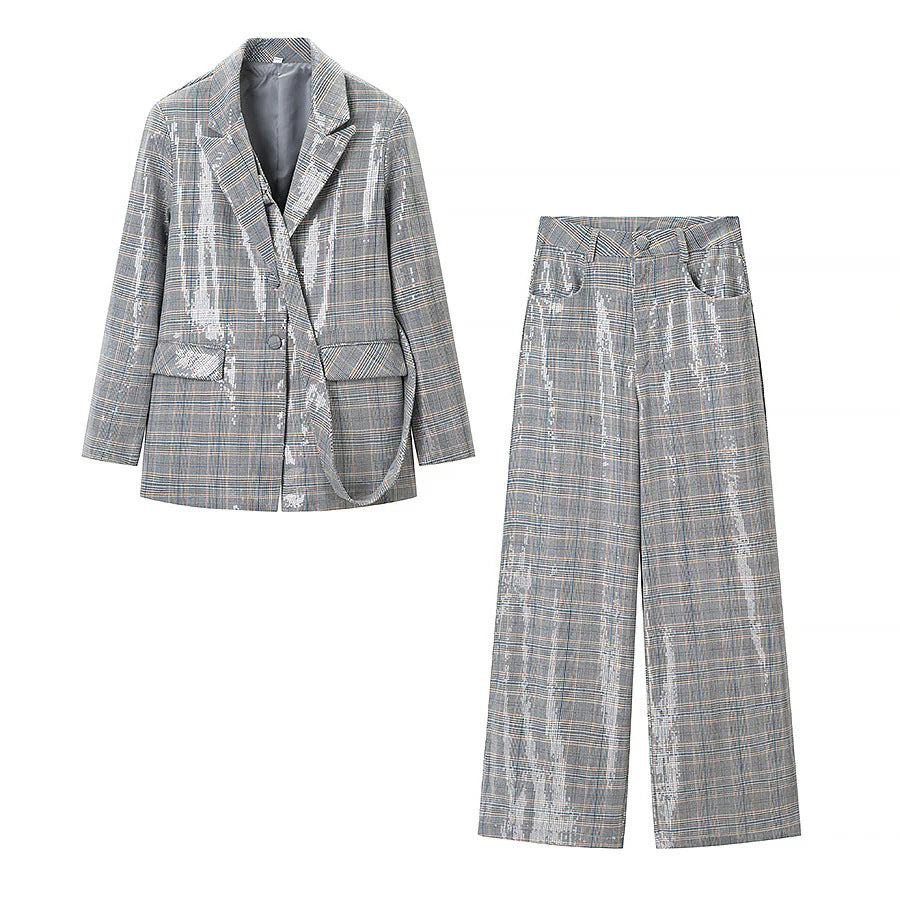 Women's glitter check blazer with tie belt, boxy fit and patch pockets Mune Fashion