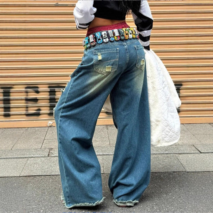 Women's wide Destroyed-Denim-Jeans with Neon Fringe Application Mune Fashion