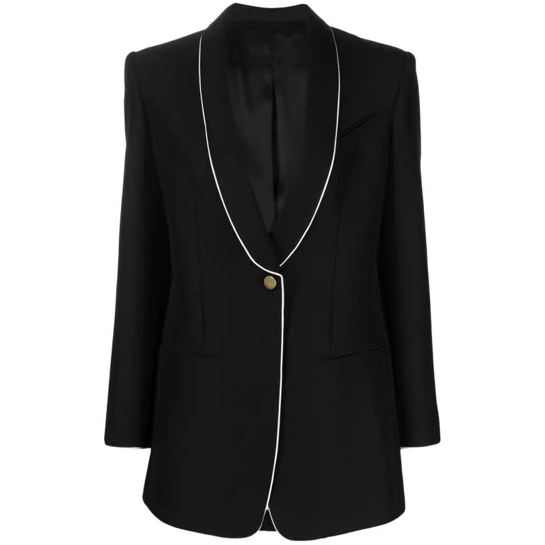 Women Oversize Blazer in Tuxedo Style with Contrasting Piping and Single Button Front Mune Fashion