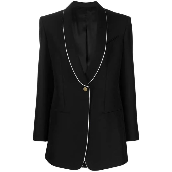 Women Oversize Blazer in Tuxedo Style with Contrasting Piping and Single Button Front Mune Fashion