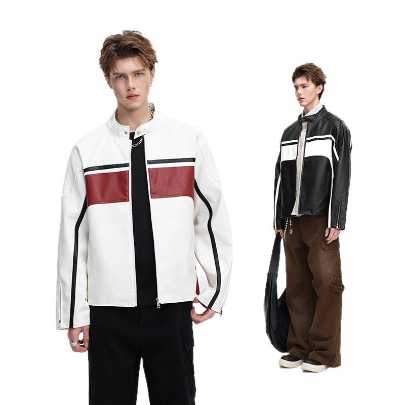 Men's Contrast Faux Leather Biker Jacket with Stand Collar and Zip Sleeves Mune Fashion