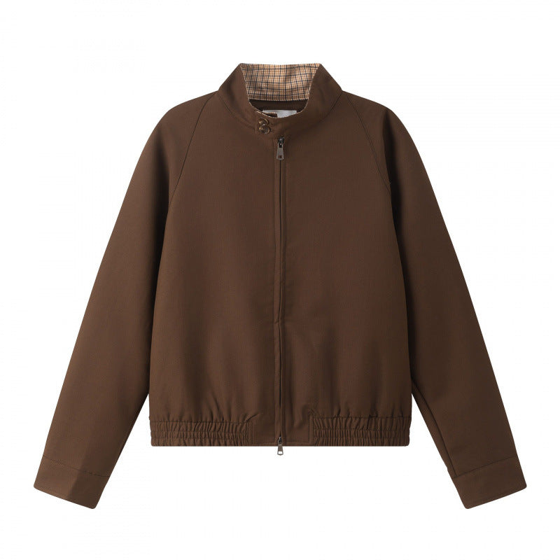 Unisex Short Cut Blouson Jacket with Stand-Up Collar, Elastic Hem and Checked Collar Lining Mune Fashion