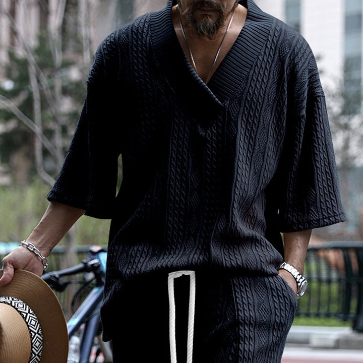 Men's oversized chunky knit sweater with deep V-neck and three-quarter sleeves Mune Fashion