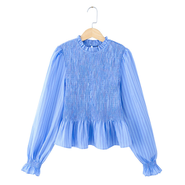 Women 10+ lightweight smock blouse shirt with ruffle collar, balloon sleeves and peplum Mune Fashion