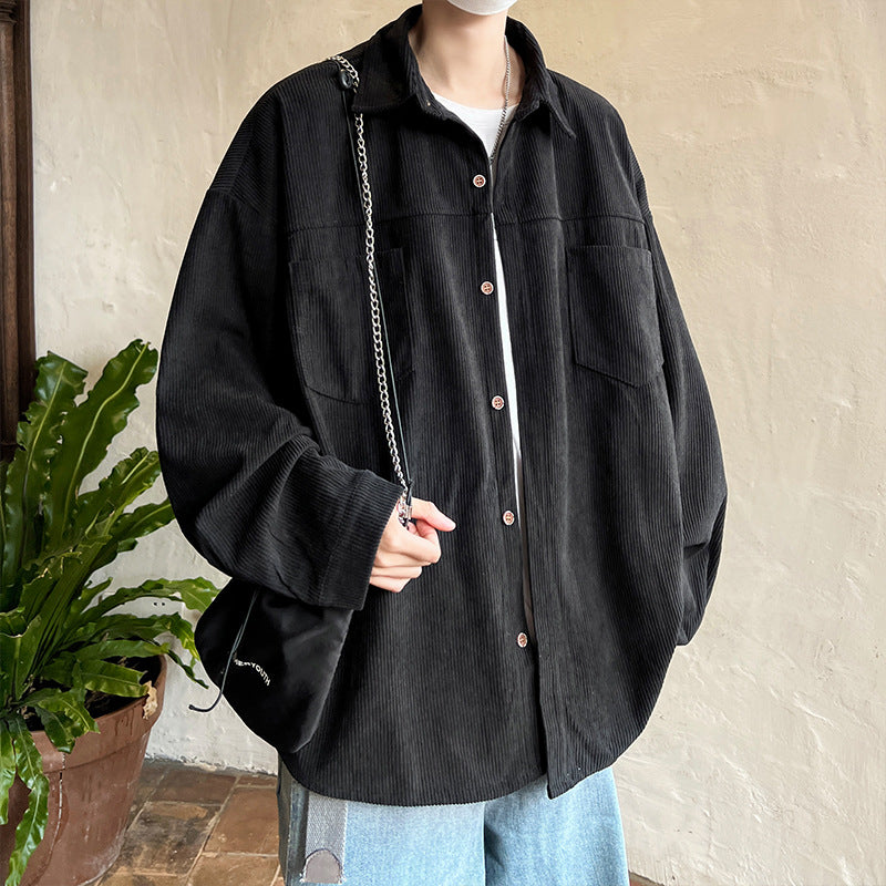 Men's oversized cord shirt jacket with stitched breast pockets, rounded hem, and loose silhouette Mune Fashion