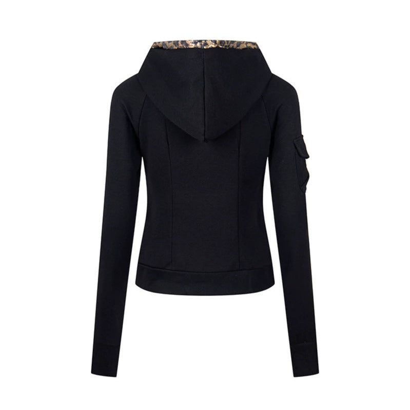 Women's Layered Look Zip Hoodie with Metallic Leopard Lining and Slim Silhouette Mune Fashion