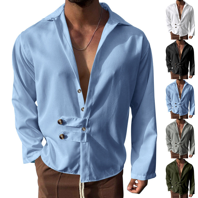 Men's Elegant Shirt with Innovative Button Design and Deep V-Neck Mune