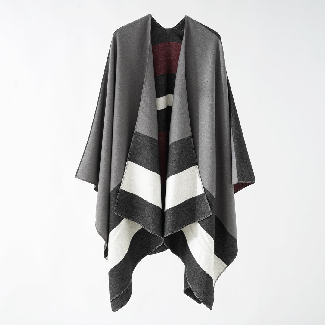 Women’s Oversize Ruana in Cape Style made of Wool Look with Geometric Block Stripes Mune Fashion