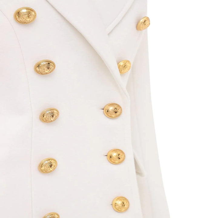 Women Narrow Cut Double-Breasted Wool Blend Long Coat with Distinctive Shoulder and Golden Decorative Round Buttons Mune Fashion