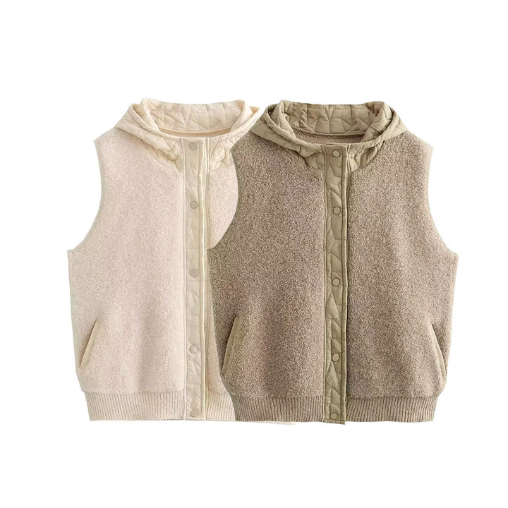 Women's Padded Wool Blend Vest with Hood and Snap Button Placket Mune Fashion