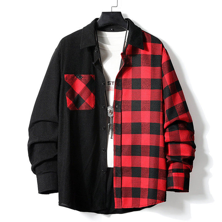 Men's Half-Split Overshirt in Lumberjack Check with Contrasting Solid Side, Chest Pocket, and Continuous Button Placket Mune Fashion