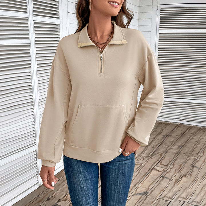 Women's Lightweight Half-Zip Sweatshirt in Relaxed Fit with Kangaroo Pocket and Stand-Up Collar Mune Fashion