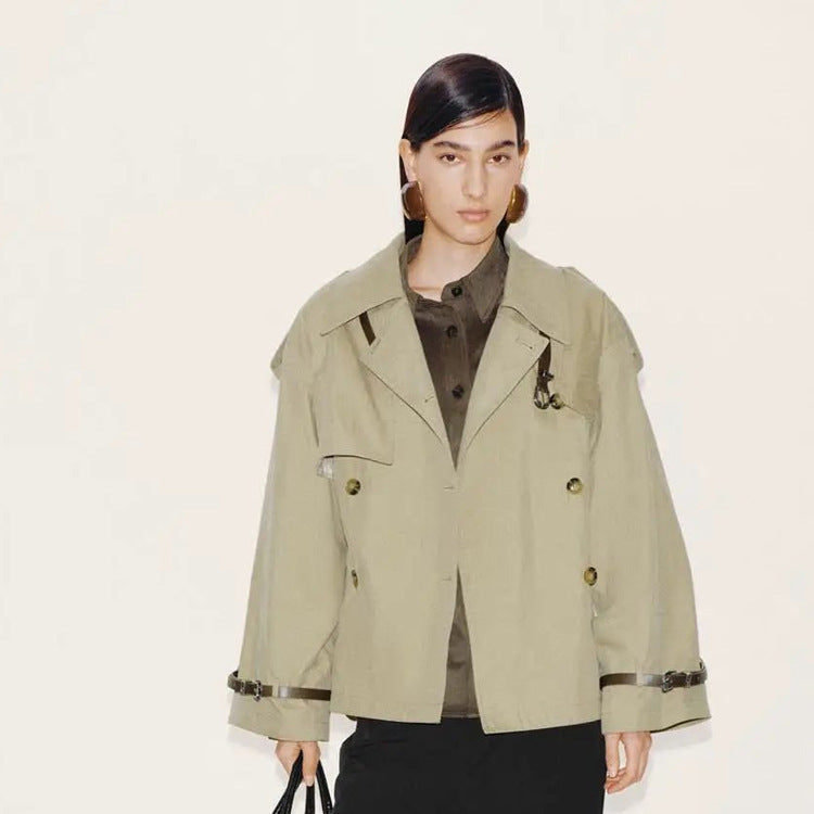 Women Short Boxy Trench Coat with Wide Lapels, Shoulder Straps and Adjustable Cuffs Mune Fashion