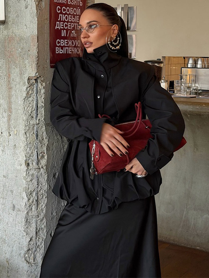 Women's Sculptural Boxy Blouson with High Stand-Up Collar and Gathered Volume Hem Mune Fashion