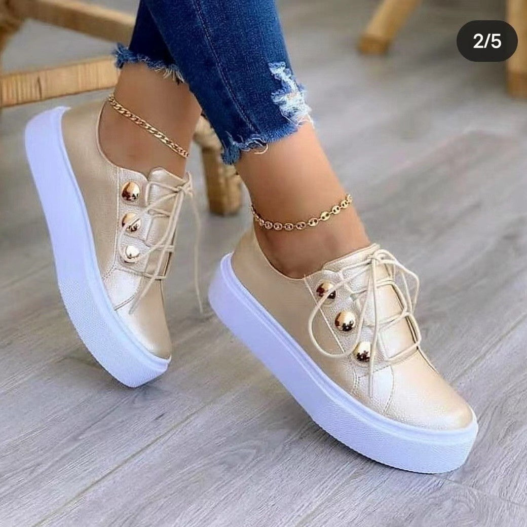 Women's Platform Sneakers with Decorative Metal Buttons and Thick Comfort Sole Mune Fashion