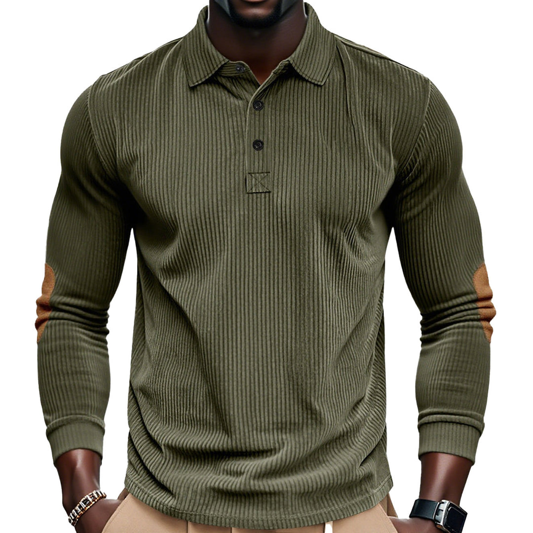 Men's ribbed long sleeve polo shirt with Henley placket and velour-like elbow patches Mune Fashion