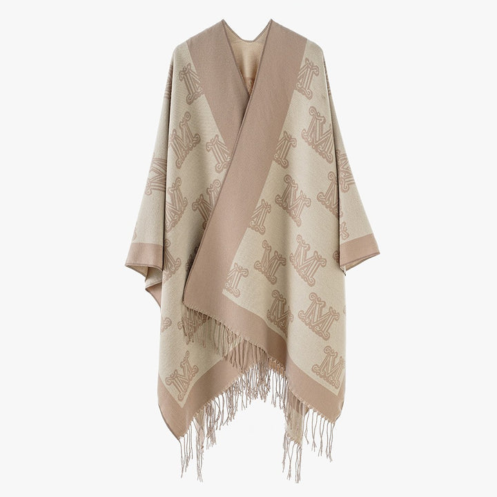 Women's Jacquard Monogram Cape with Open Sides and Fringes