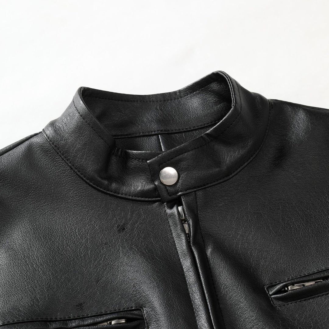 Men's Slim Leather Jacket in Urban Biker Style with Stand Collar and Chest Zipper Pockets Mune Fashion