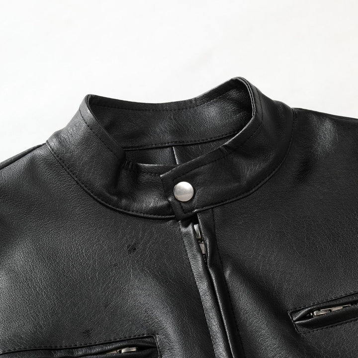 Men's Slim Leather Jacket in Urban Biker Style with Stand Collar and Chest Zipper Pockets Mune Fashion