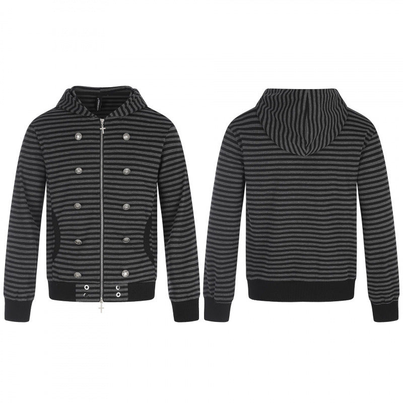 Unisex Striped Hooded Zip Jacket in Double-Breasted Look with Metal Buttons Mune Fashion