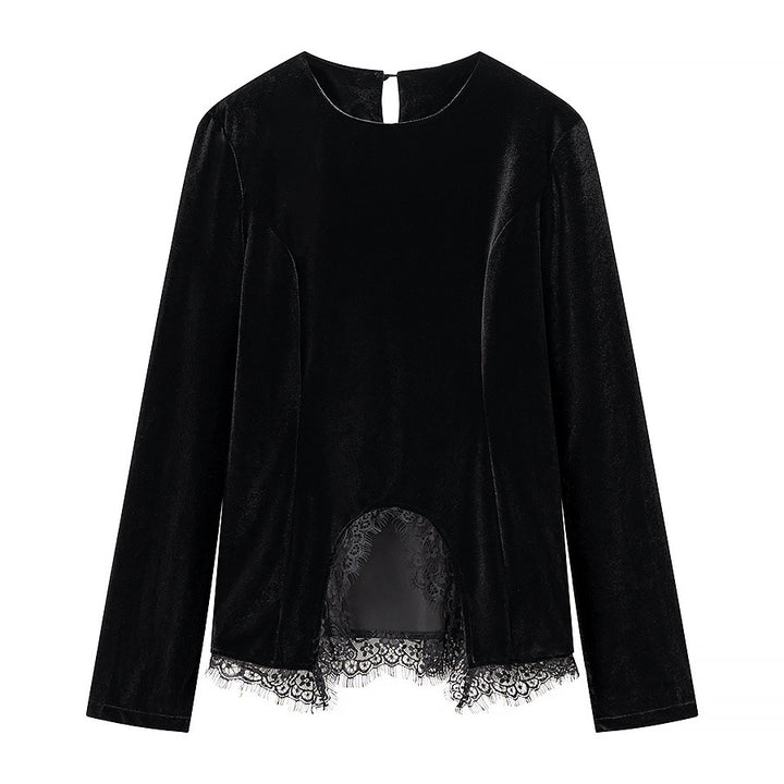 Women's velvet t-shirt with asymmetric lace hem and slit detail Mune Fashion