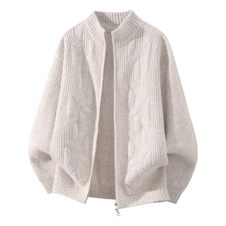 Women Soft Oversized Cable Knit Cardigan with Stand Collar & Two-Way Zipper Mune Fashion