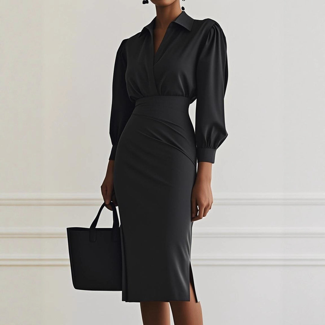 Women's Shirt Blouse Dress with V-Wrap, Puff Sleeves and Tailored Midi Length Mune Fashion