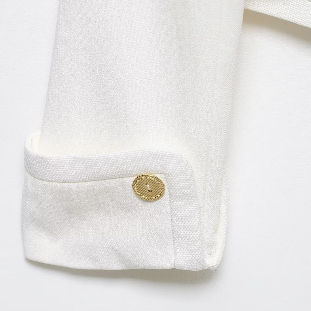 Women's Cropped Blazer with High Stand Collar, Double-Breasted Button Placket and Decorative Cuffs Mune Fashion