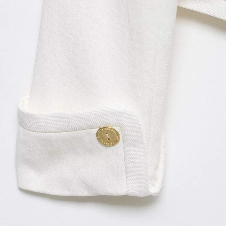 Women's Cropped Blazer with High Stand Collar, Double-Breasted Button Placket and Decorative Cuffs Mune Fashion