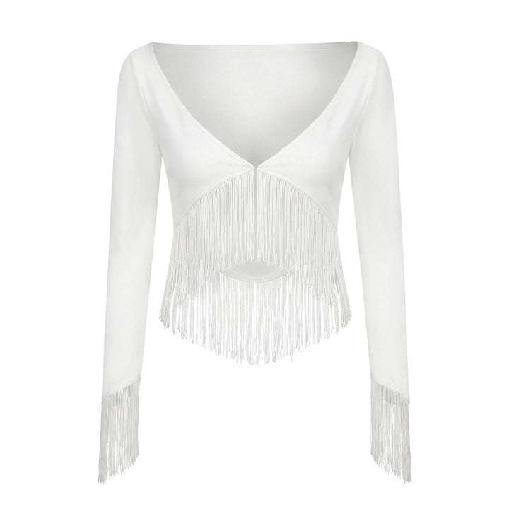 Women Cropped V-Neck Top with Long Sleeves and Decorative Fringe Trim Mune Fashion